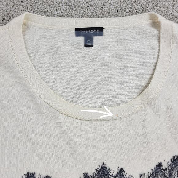 Talbots Womens Sweater XL Cream Black Paisley Eyelash Lace Stripes Crew Neck - Picture 11 of 12